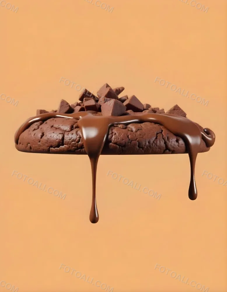 A Chocolate Cookie With Chocolate Syrup Dripping Down And Chocolate Crumbs On Top Floating In A Brown Background 35 58d5