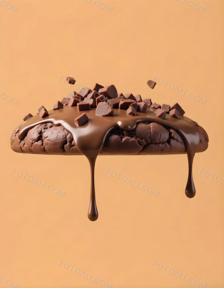 A Chocolate Cookie With Chocolate Syrup Dripping Down And Chocolate Crumbs On Top Floating In A Brown Background 4 40c5