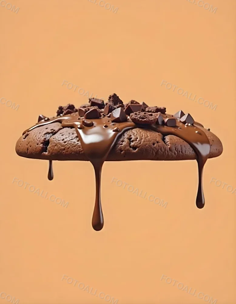 A Chocolate Cookie With Chocolate Syrup Dripping Down And Chocolate Crumbs On Top Floating In A Brown Background 6 8e57