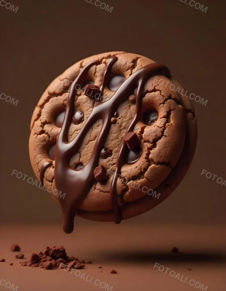 A Chocolate Cookie With Chocolate Syrup Dripping Down And Chocolate Crumbs On Top Floating In A Brown Background 7 Eb3a