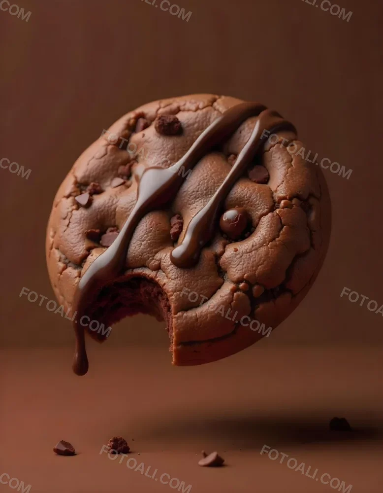 A Chocolate Cookie With Chocolate Syrup Dripping Down And Chocolate Crumbs On Top Floating In A Brown Background 9 798d