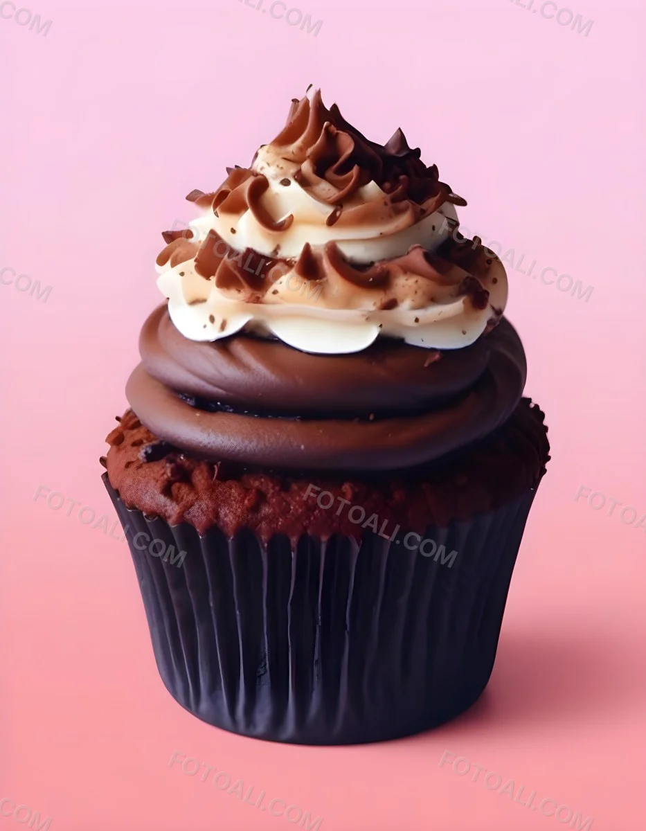 A Chocolate Cupcake With A Swirled Frosting Topping And Sprinkled With Chocolate Shavings Set Against A Pink Background 12
