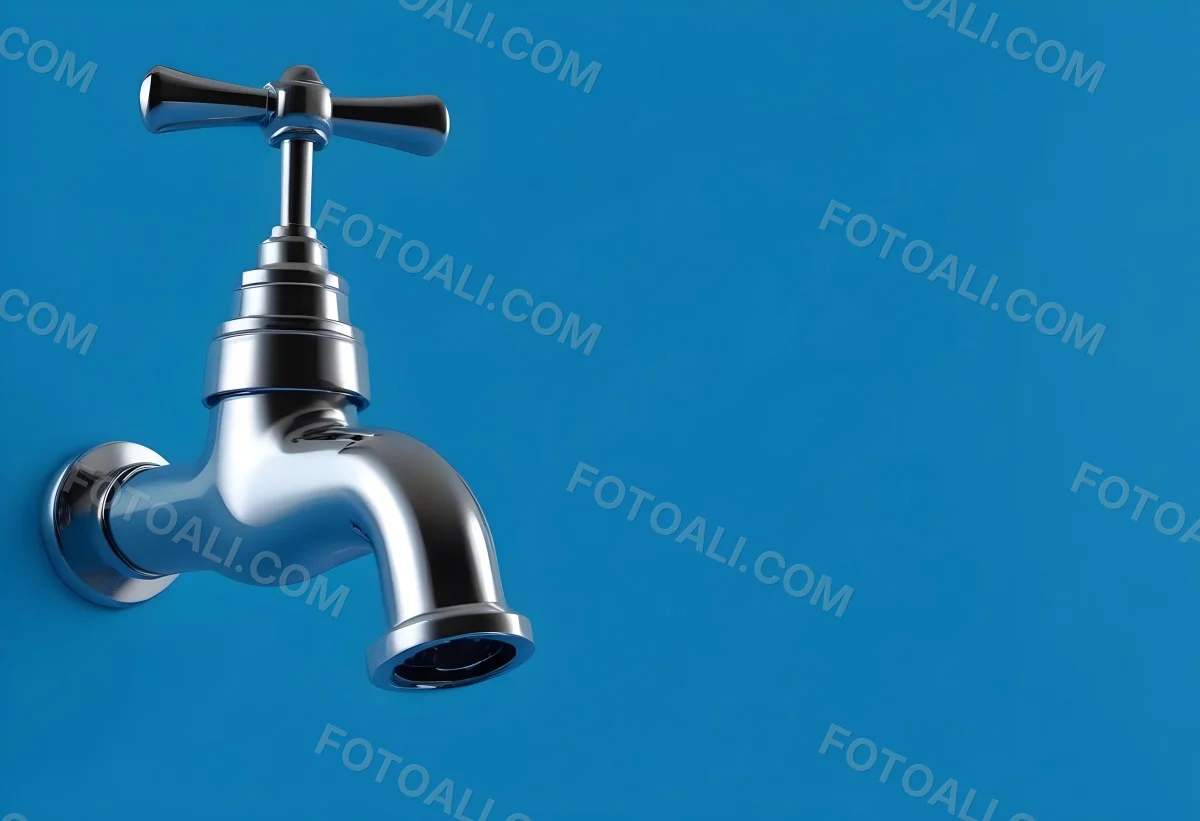 A Chrome Faucet With A Cross Handle Clean And Shiny On A Blue Background Water Conservation Concept Plumbing Fixture Modern Design Minimalist 1 9cbe