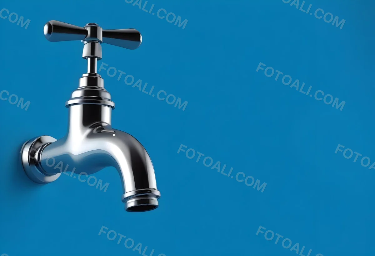 A Chrome Faucet With A Cross Handle Clean And Shiny On A Blue Background Water Conservation Concept Plumbing Fixture Modern Design Minimalist 16 41be