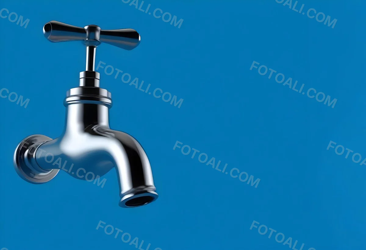 A Chrome Faucet With A Cross Handle Clean And Shiny On A Blue Background Water Conservation Concept Plumbing Fixture Modern Design Minimalist 17 3462