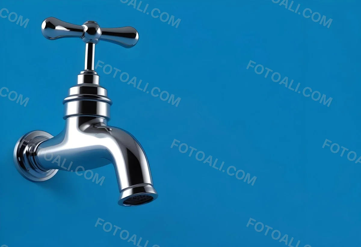 A Chrome Faucet With A Cross Handle Clean And Shiny On A Blue Background Water Conservation Concept Plumbing Fixture Modern Design Minimalist 2 4b98