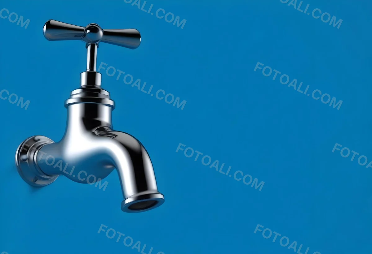 A Chrome Faucet With A Cross Handle Clean And Shiny On A Blue Background Water Conservation Concept Plumbing Fixture Modern Design Minimalist 4 4574