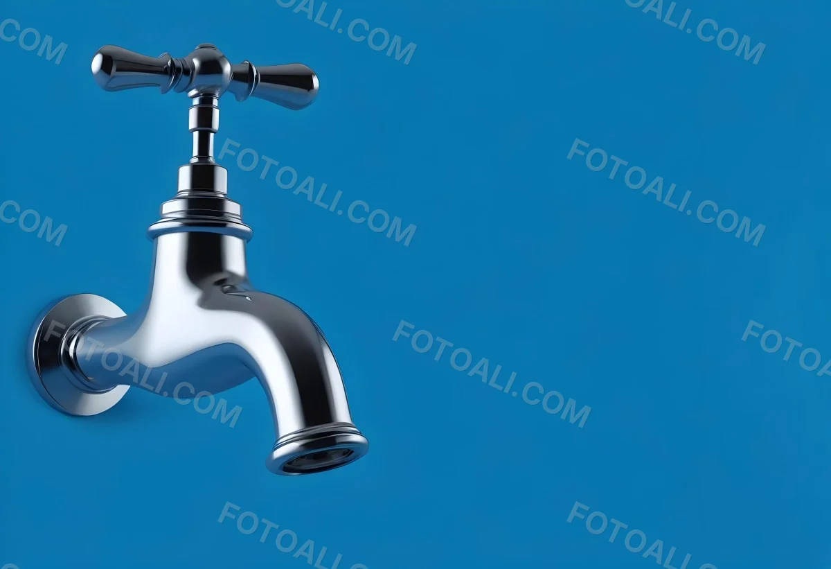 A Chrome Faucet With A Cross Handle Clean And Shiny On A Blue Background Water Conservation Concept Plumbing Fixture Modern Design Minimalist 7 1141
