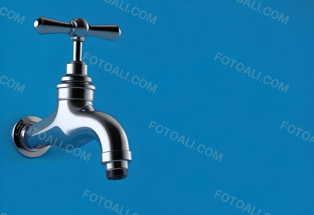 A Chrome Faucet With A Cross Handle Clean And Shiny On A Blue Background Water Conservation Concept Plumbing Fixture Modern Design Minimalist 8 66de