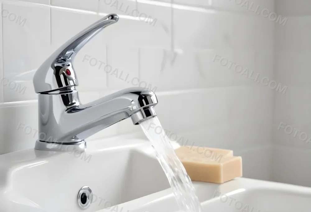 A Chrome Faucet With Water Running In A White Sink With A Soap Dish In The Background 11 34a0