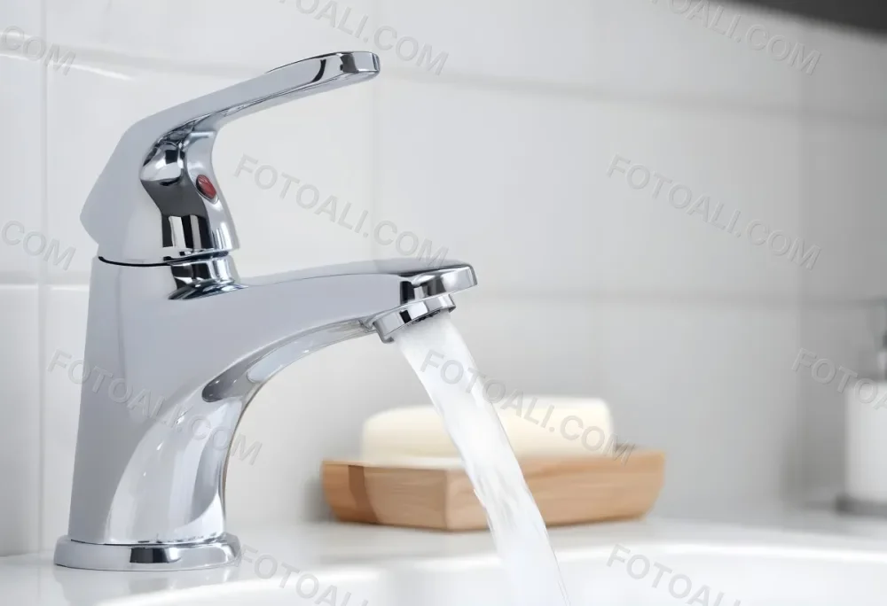 A Chrome Faucet With Water Running In A White Sink With A Soap Dish In The Background 2 66d6