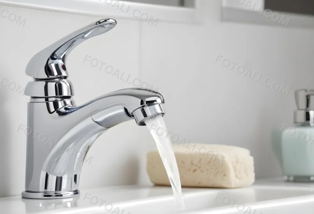 A Chrome Faucet With Water Running In A White Sink With A Soap Dish In The Background 20 E1e7