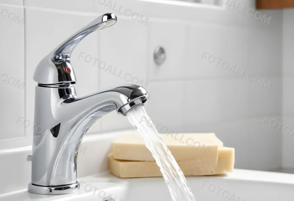 A Chrome Faucet With Water Running In A White Sink With A Soap Dish In The Background 23 A682