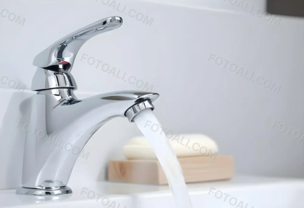 A Chrome Faucet With Water Running In A White Sink With A Soap Dish In The Background 4 D7b1