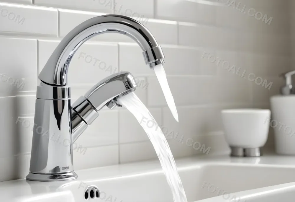 A Chrome Faucet With Water Running In A White Sink With A Soap Dish In The Background 7 B274