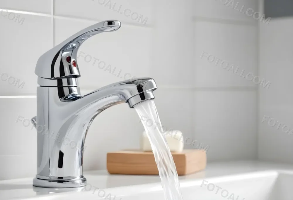 A Chrome Faucet With Water Running In A White Sink With A Soap Dish In The Background 9 Bd93