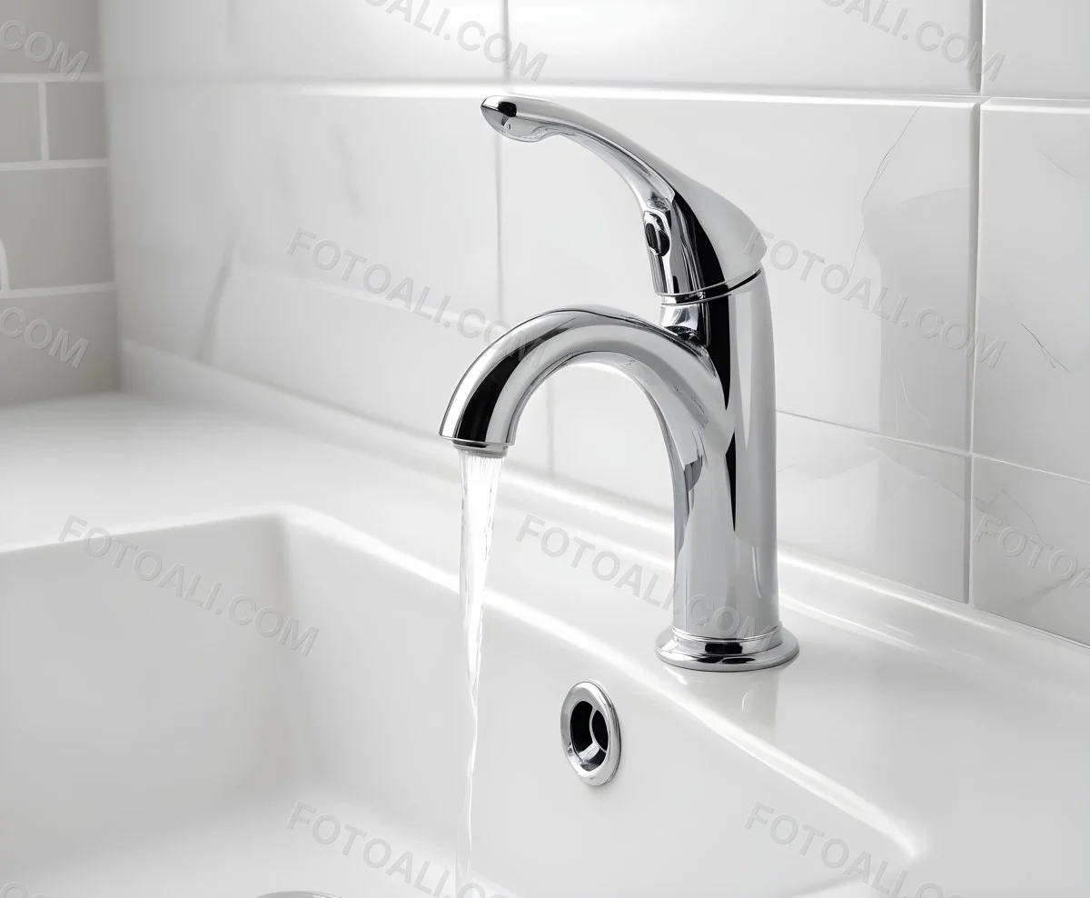 A Chrome Faucet With Water Running Into A White Sink The Background Is White 1 5291