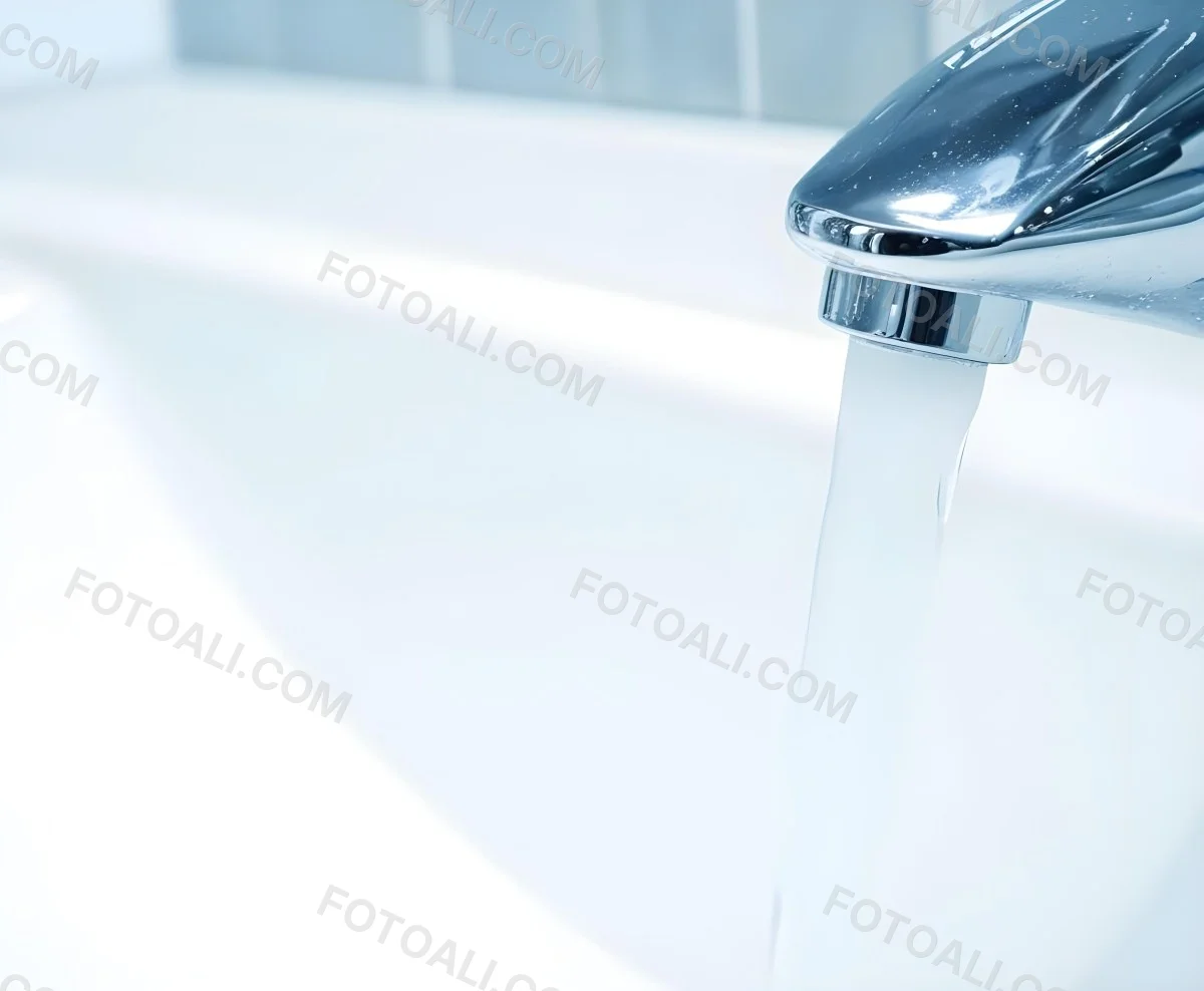 A Chrome Faucet With Water Running Into A White Sink The Background Is White 2 068e