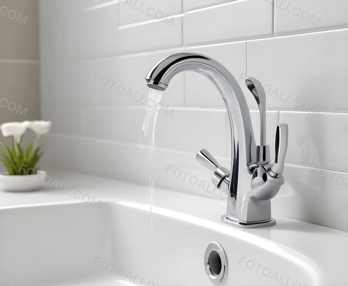 A Chrome Faucet With Water Running Into A White Sink The Background Is White 3 5e95