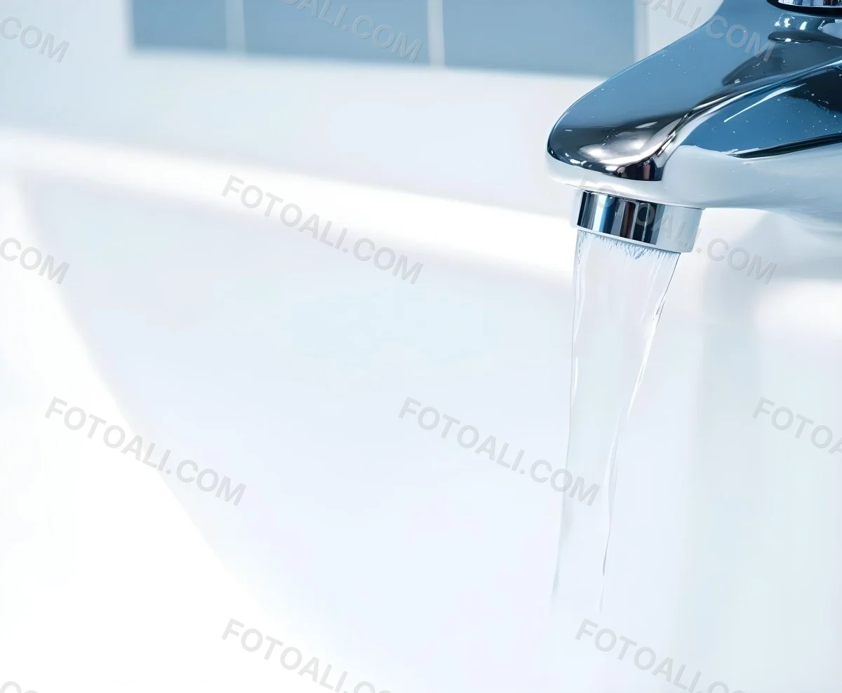 A Chrome Faucet With Water Running Into A White Sink The Background Is White 4 A5a8