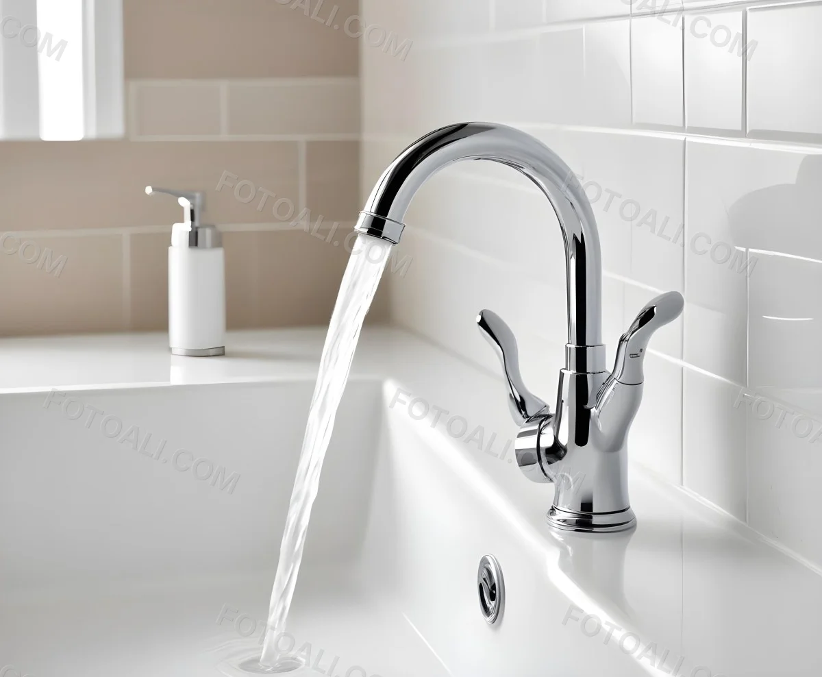 A Chrome Faucet With Water Running Into A White Sink The Background Is White 5 9cf3