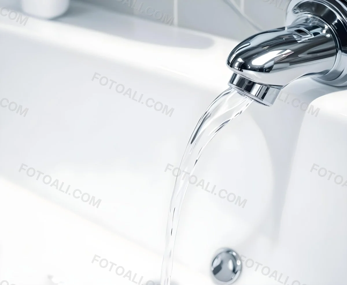 A Chrome Faucet With Water Running Into A White Sink The Background Is White 7 29b1