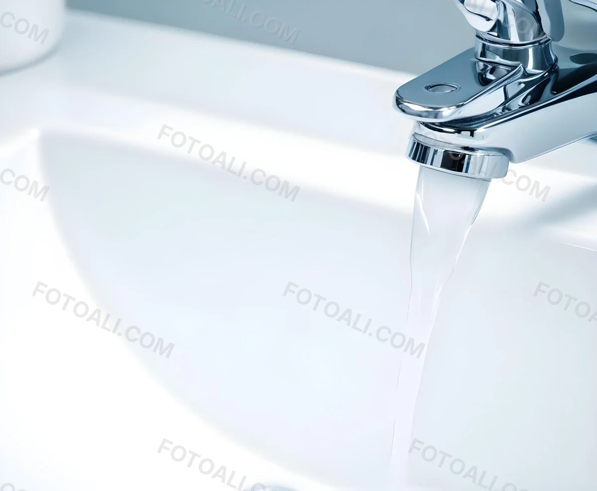 A Chrome Faucet With Water Running Into A White Sink The Background Is White 9 1489