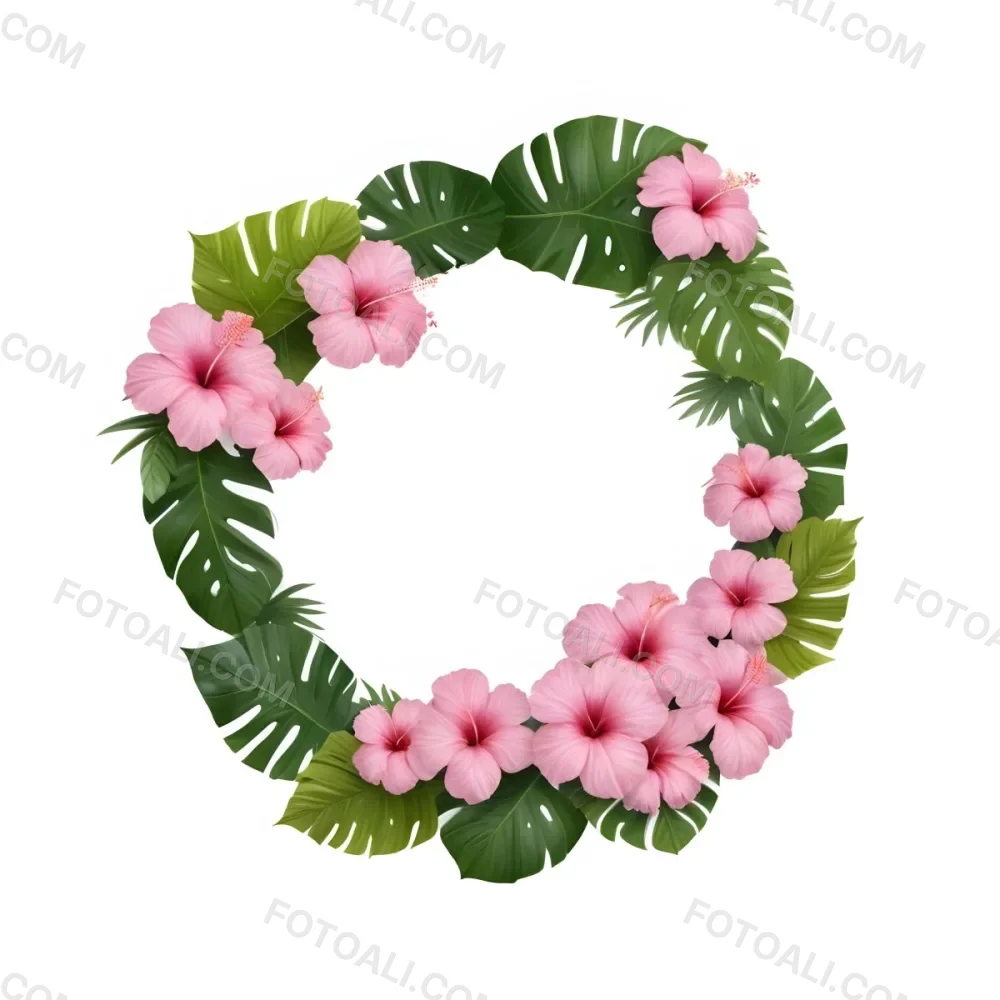 A Circle Of Pink Hibiscus Flowers And Green Monstera Leaves Green Background Botanical Illustration Floral Wreath Tropical Theme Vibrant Colors Watercolor Style Elegant Design Nature Inspired 10 A7dd