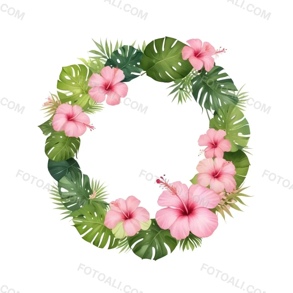 A Circle Of Pink Hibiscus Flowers And Green Monstera Leaves Green Background Botanical Illustration Floral Wreath Tropical Theme Vibrant Colors Watercolor Style Elegant Design Nature Inspired 20 8542