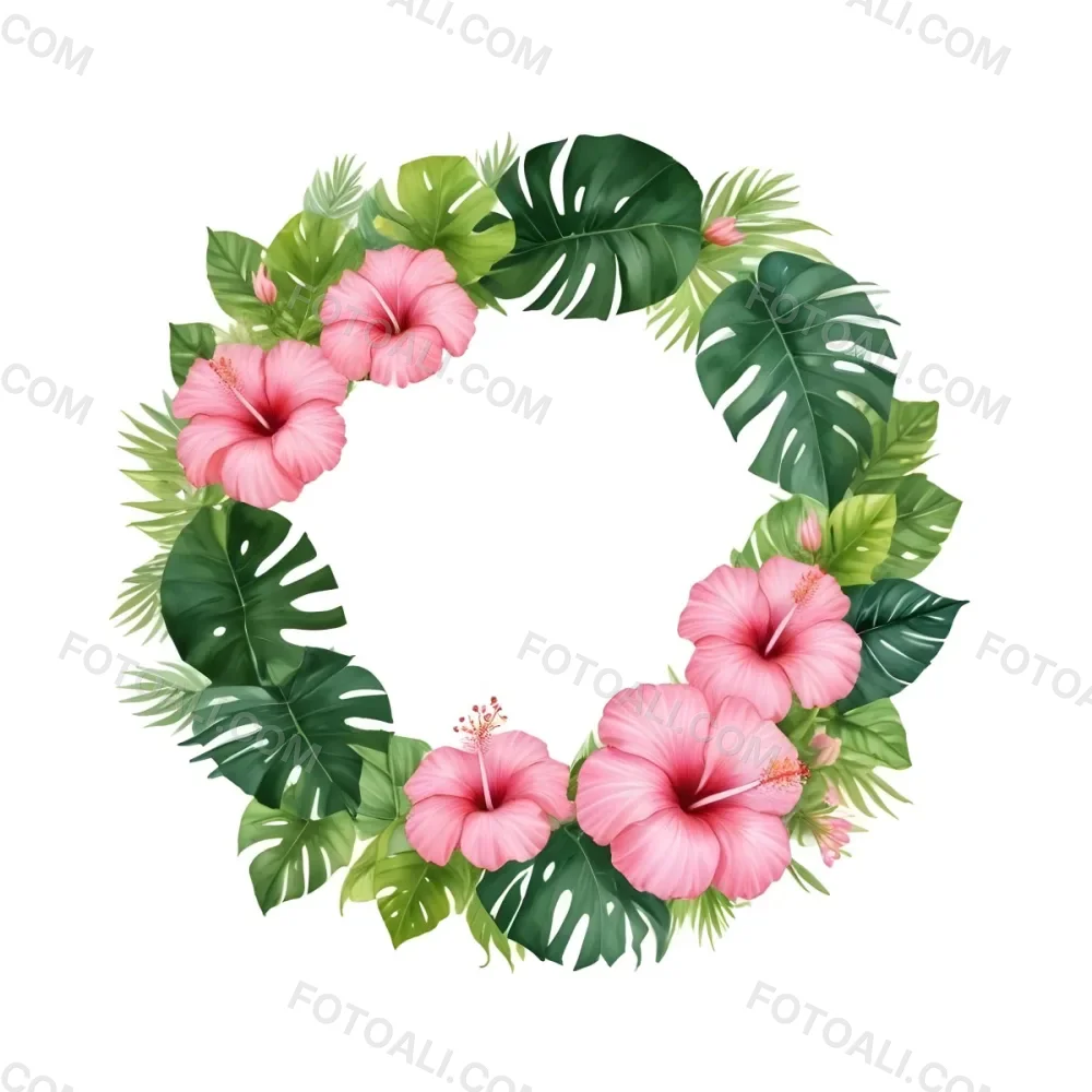 A Circle Of Pink Hibiscus Flowers And Green Monstera Leaves Green Background Botanical Illustration Floral Wreath Tropical Theme Vibrant Colors Watercolor Style Elegant Design Nature Inspired 27 A671