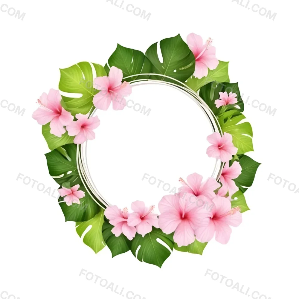 A Circle Of Pink Hibiscus Flowers And Green Monstera Leaves Green Background Botanical Illustration Floral Wreath Tropical Theme Vibrant Colors Watercolor Style Elegant Design Nature Inspired 34 B11c