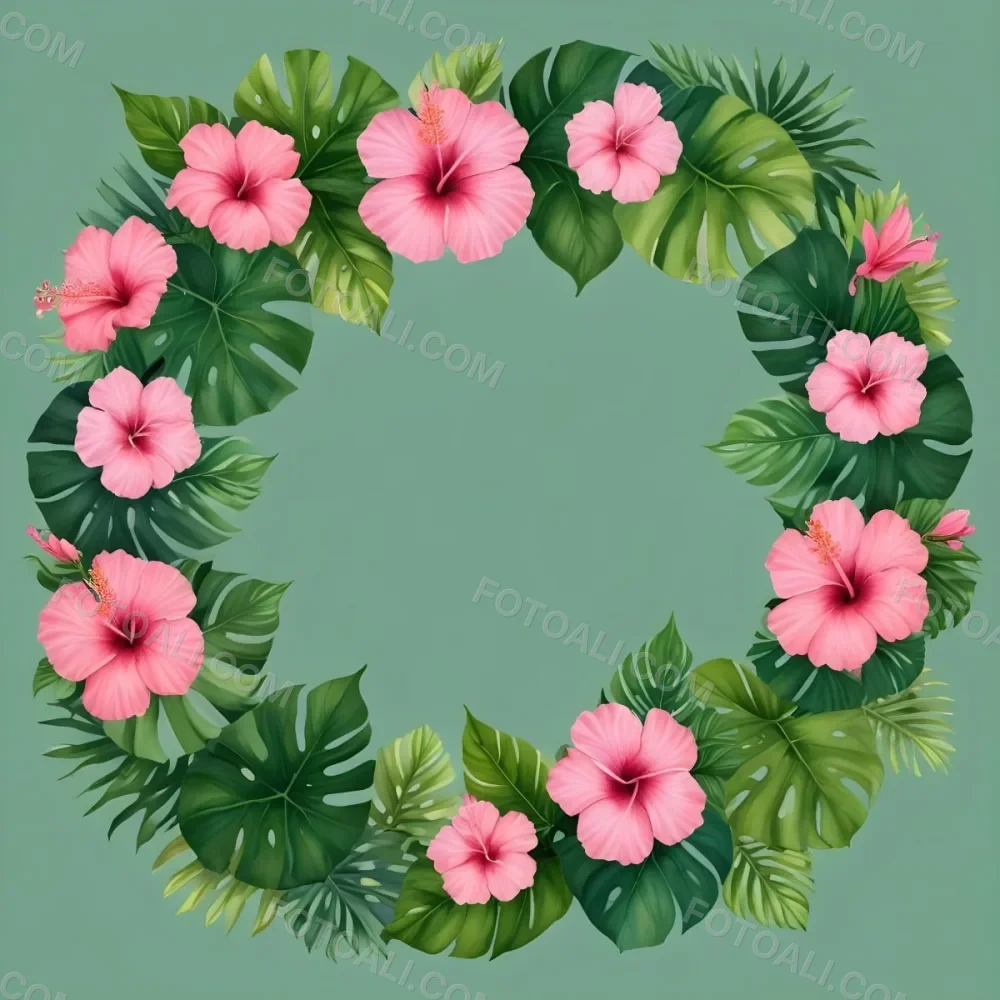 A Circle Of Pink Hibiscus Flowers And Green Monstera Leaves Green Background Botanical Illustration Floral Wreath Tropical Theme Vibrant Colors Watercolor Style Elegant Design Nature Inspired 35 66f6