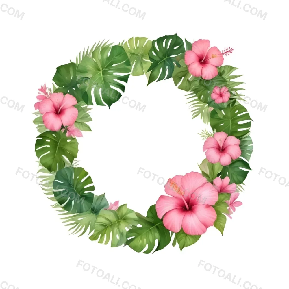 A Circle Of Pink Hibiscus Flowers And Green Monstera Leaves Green Background Botanical Illustration Floral Wreath Tropical Theme Vibrant Colors Watercolor Style Elegant Design Nature Inspired 47 Ff89