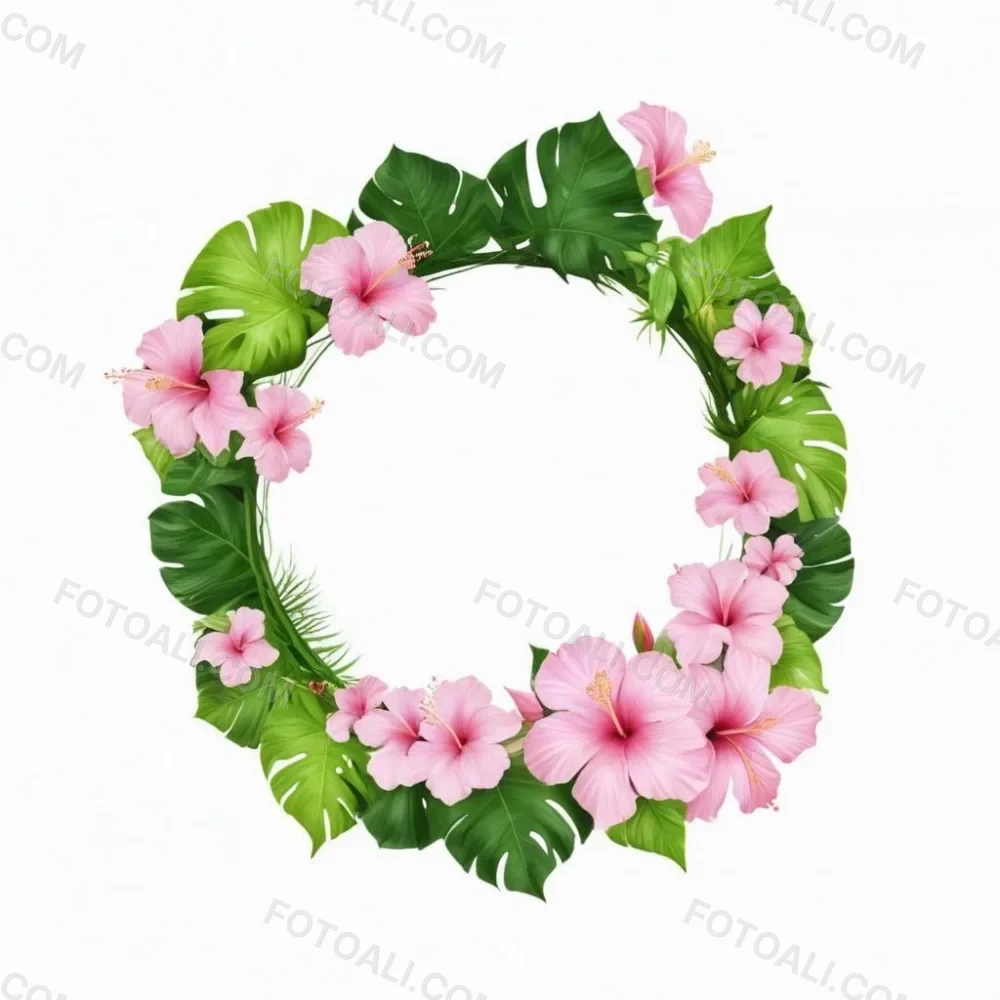 A Circle Of Pink Hibiscus Flowers And Green Monstera Leaves Green Background Botanical Illustration Floral Wreath Tropical Theme Vibrant Colors Watercolor Style Elegant Design Nature Inspired 6 99fe