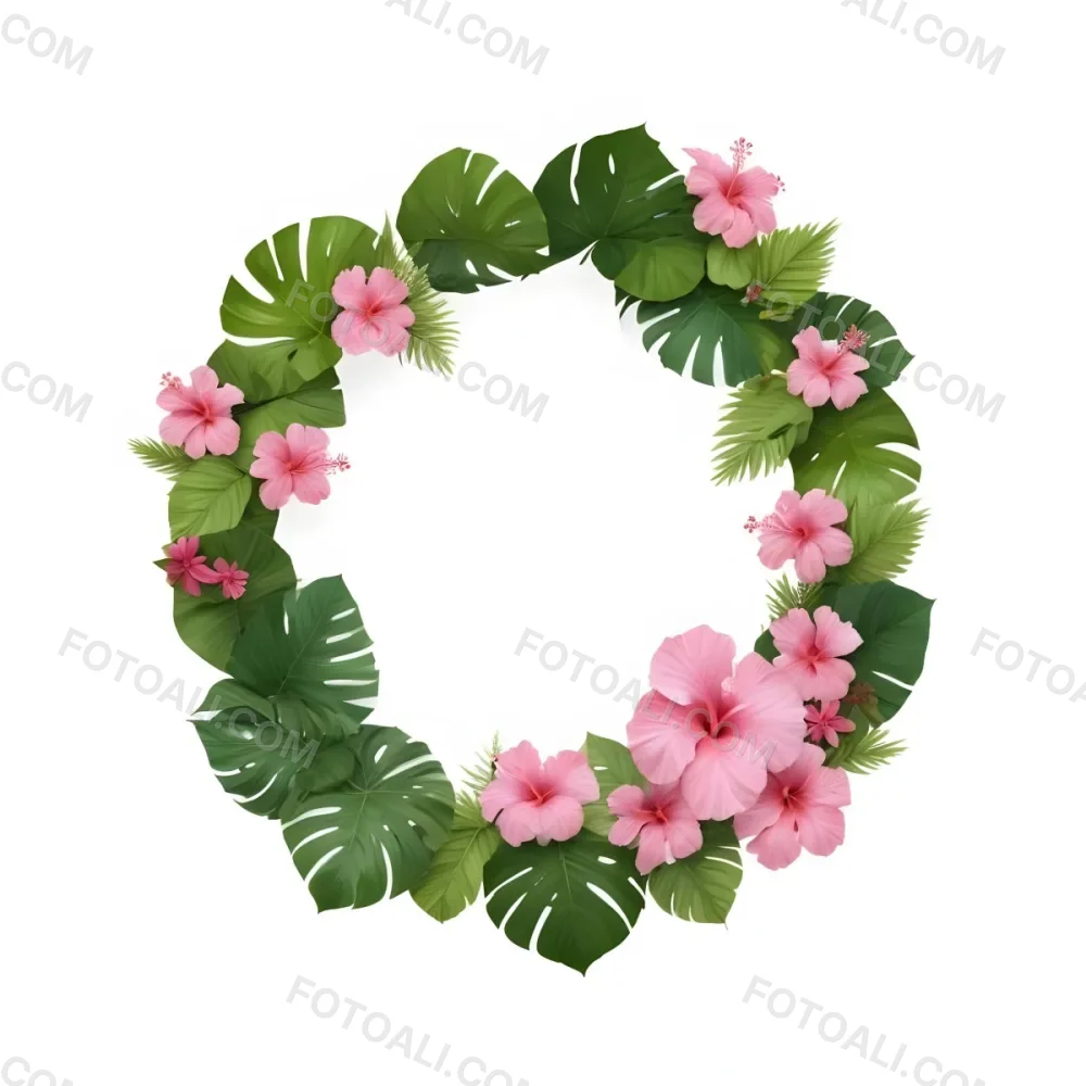 A Circle Of Pink Hibiscus Flowers And Green Monstera Leaves Green Background Botanical Illustration Floral Wreath Tropical Theme Vibrant Colors Watercolor Style Elegant Design Nature Inspired 8 A63e