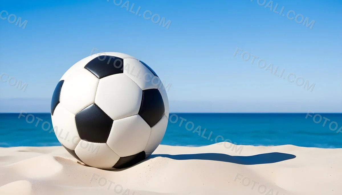 A Classic Black And White Soccer Ball On A Sandy Beach With A Clear Blue Sky And Ocean In The Background 1 9adb