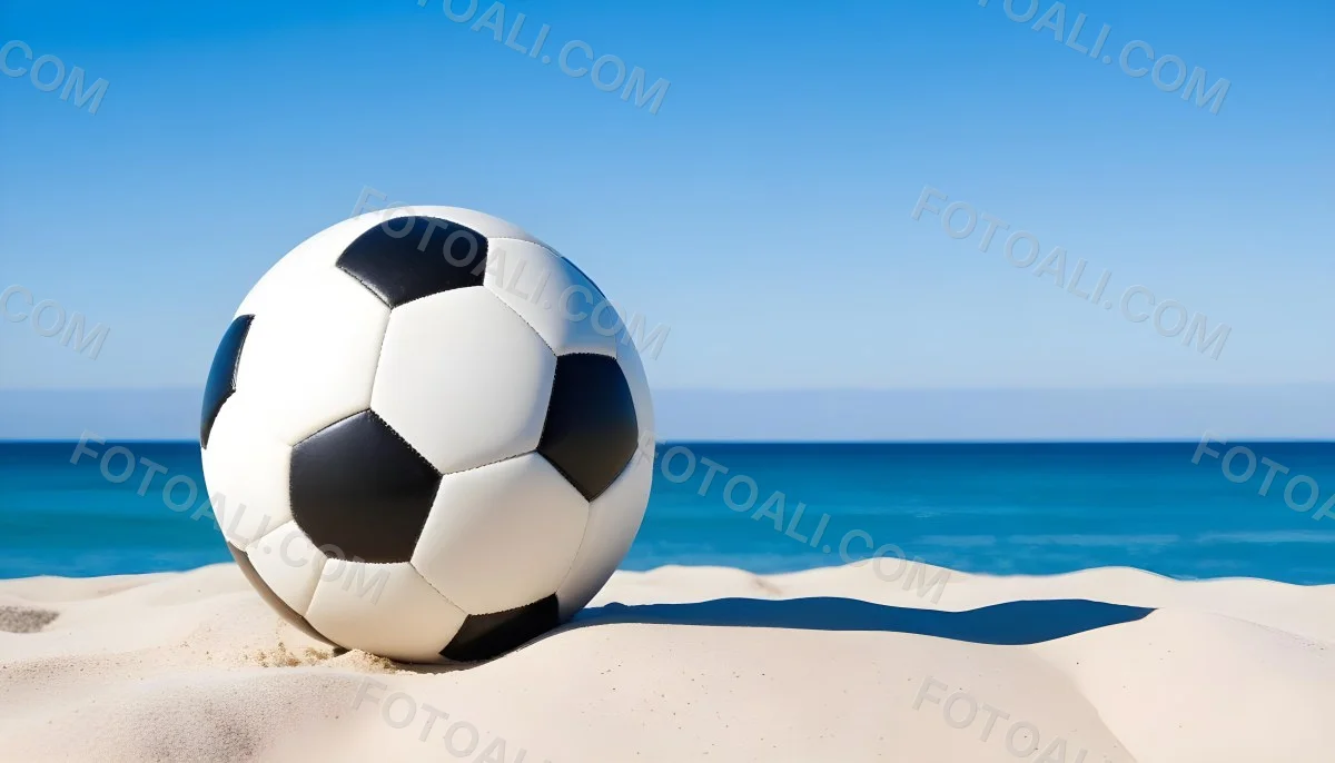 A Classic Black And White Soccer Ball On A Sandy Beach With A Clear Blue Sky And Ocean In The Background 10 B8c7