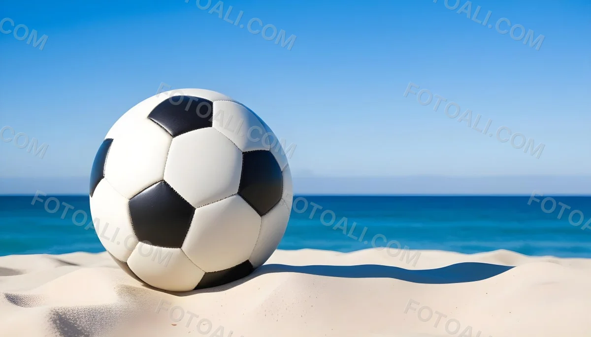 A Classic Black And White Soccer Ball On A Sandy Beach With A Clear Blue Sky And Ocean In The Background 12 06a4