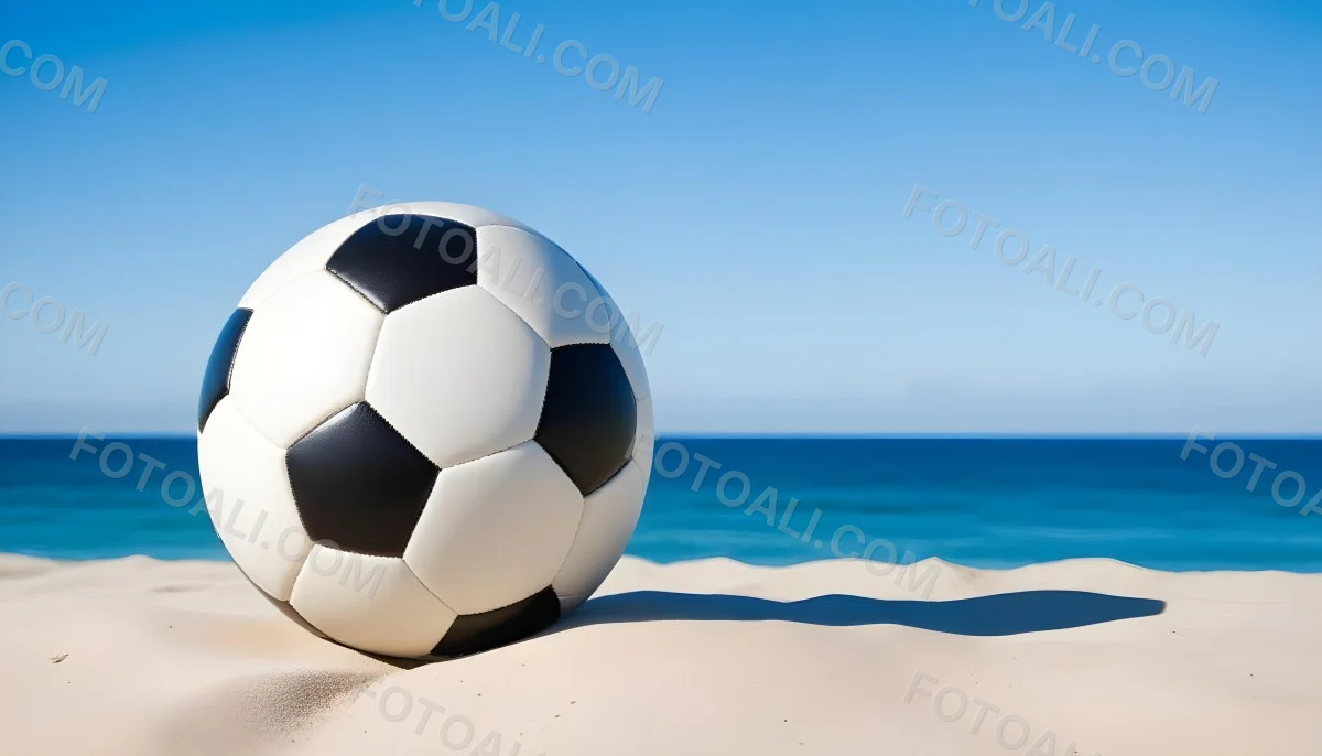 A Classic Black And White Soccer Ball On A Sandy Beach With A Clear Blue Sky And Ocean In The Background 16 2b24