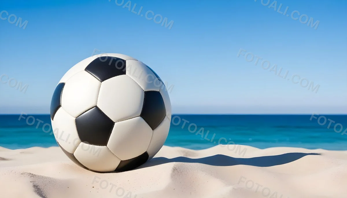 A Classic Black And White Soccer Ball On A Sandy Beach With A Clear Blue Sky And Ocean In The Background 2 8503