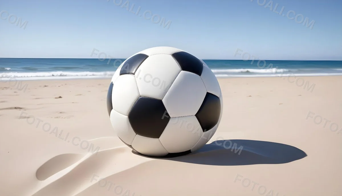 A Classic Black And White Soccer Ball On A Sandy Beach With A Clear Blue Sky And Ocean In The Background 3 3f2f
