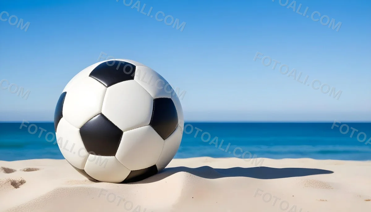 A Classic Black And White Soccer Ball On A Sandy Beach With A Clear Blue Sky And Ocean In The Background 4 3f7e