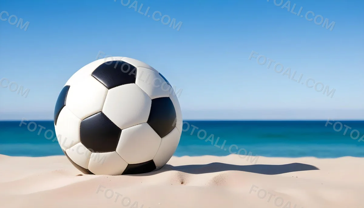 A Classic Black And White Soccer Ball On A Sandy Beach With A Clear Blue Sky And Ocean In The Background 5 124c
