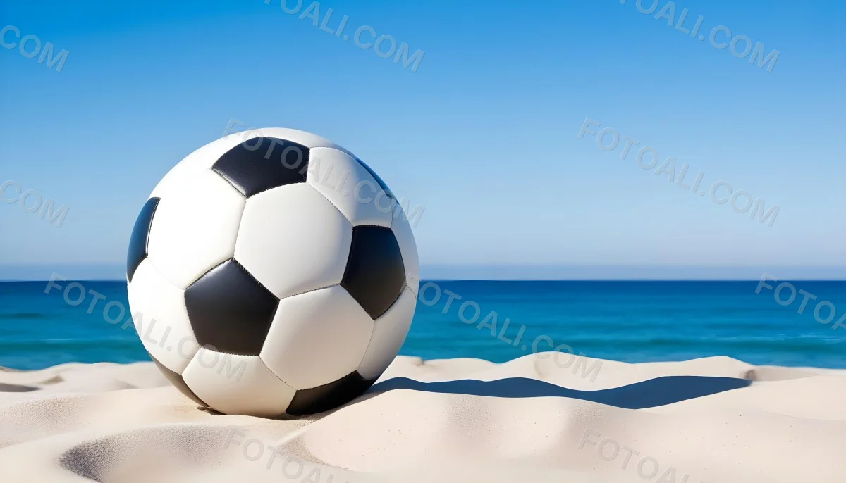 A Classic Black And White Soccer Ball On A Sandy Beach With A Clear Blue Sky And Ocean In The Background 6 4c9a