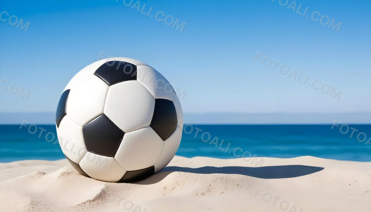 A Classic Black And White Soccer Ball On A Sandy Beach With A Clear Blue Sky And Ocean In The Background 8 4d52