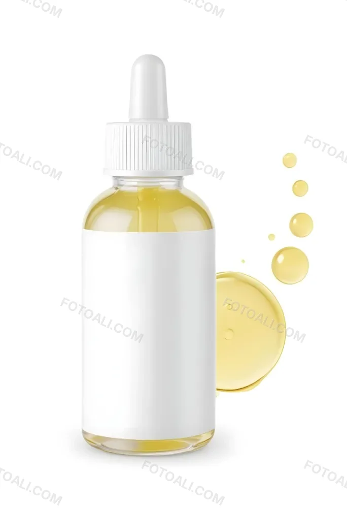 A Clear Glass Bottle With A White Dropper Cap Filled With A Yellow Liquid The Bottle Is Set Against A Plain White Background With Some Yellow Droplets Or Splashes Visible 1