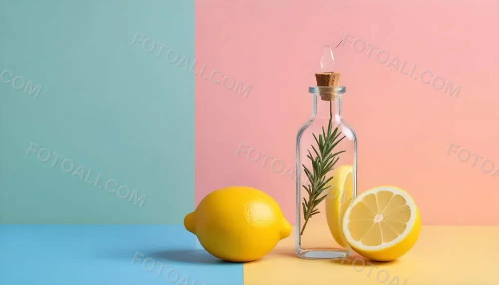 A Clear Glass Dropper Bottle Filled With Liquid Placed On A Colorful Background With Pastel Blue And Pink Sections Next To The Bottle There Is A Whole Lemon And A Sliced Lemon Along With A Sprig Of Rosemary The Arra 14 4e11