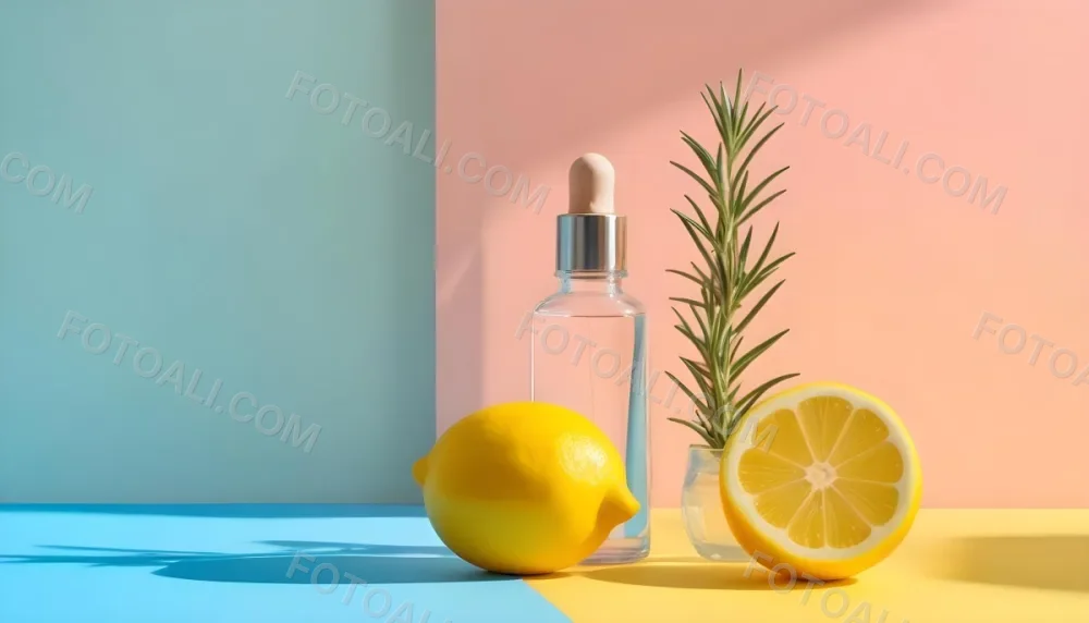 A Clear Glass Dropper Bottle Filled With Liquid Placed On A Colorful Background With Pastel Blue And Pink Sections Next To The Bottle There Is A Whole Lemon And A Sliced Lemon Along With A Sprig Of Rosemary The Arra 5 0e34