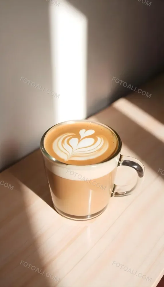A Clear Glass Mug Filled With Latte Art Featuring A Heart Design On A Glass Table With A White Wall Background And Sunlight 11 Deda
