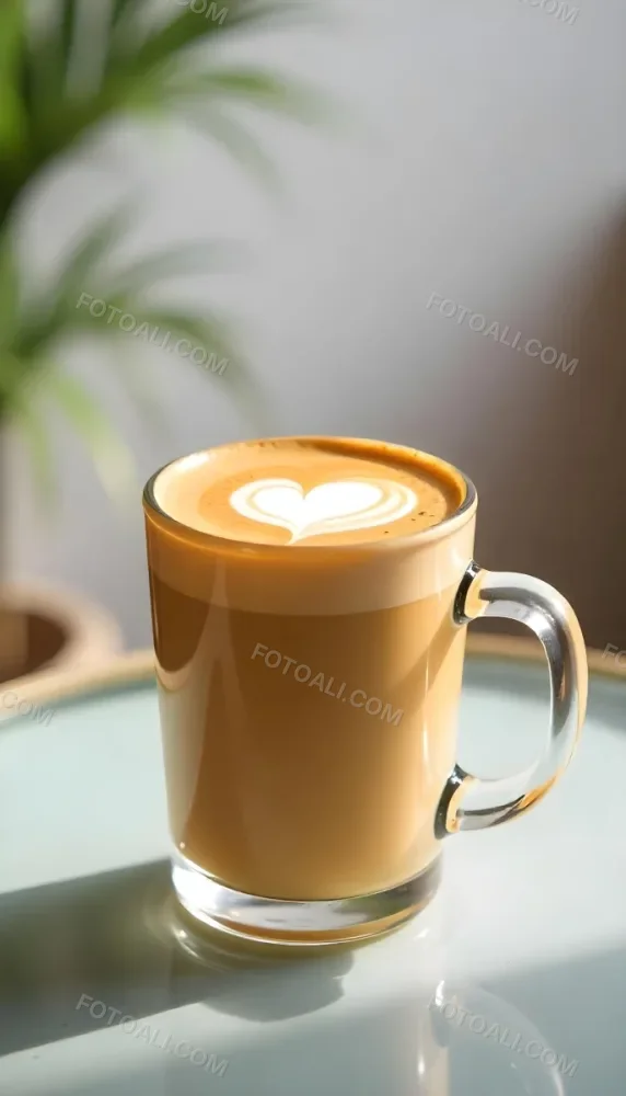 A Clear Glass Mug Filled With Latte Art Featuring A Heart Design On A Glass Table With A White Wall Background And Sunlight 16 09e5